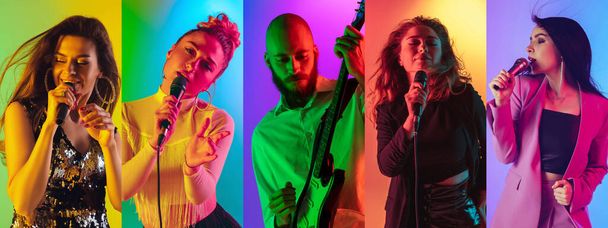 Collage of portraits of young people on multicolored background in neon light - Zdjęcie, obraz