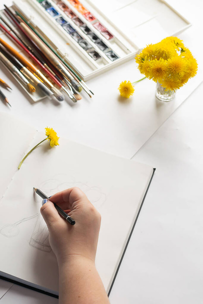 Γυναίκα καλλιτέχνης ζωγραφίζει με μολύβι κάνει περίγραμμα για το καλοκαίρι νεκρή φύση. Χόμπι τέχνης - Φωτογραφία, εικόνα