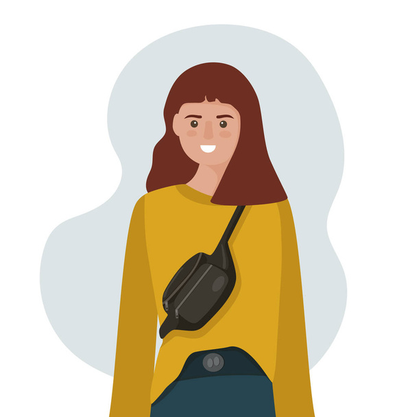 Ilustración vectorial de una joven mujer moderna con una riñonera, bolsa de cintura. Fácil de usar, accesorio de moda. - Vector, imagen