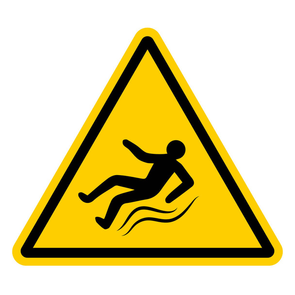 Yellow warning sign with a falling slipping person, vector sign of ice, slippery road, hazard warnings to be injured on slippery sidewalk - Vector, Image
