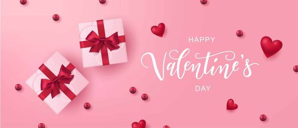 Happy Valentines Day hand lettering typography with realistic looking gift boxes and hearts. - Vector, imagen