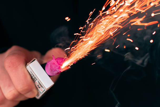 Firecracker Burning in Hand with Sparks and Smoke - Foto, Imagen