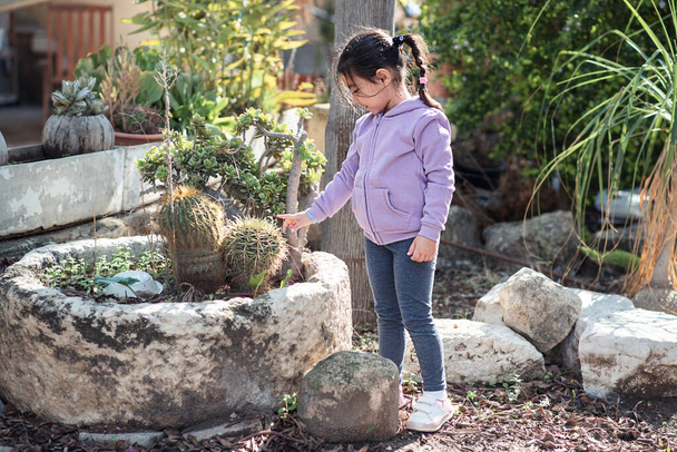 Child Touches Cactus Needles. Little Girl Carefully Touches The Spines Of A Cactus Plant. - Photo, Image