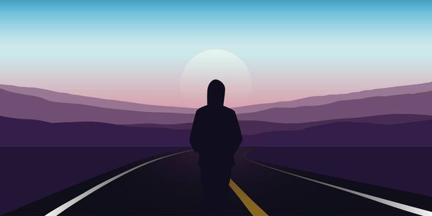 girl stad on the asphalt road and looks to the mountains - Vector, Image