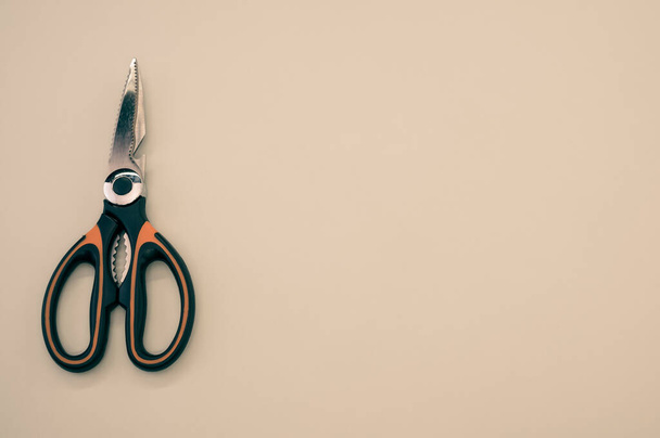 A closeup shot of scissors isolated on taupe background. Cutting tool with zigzag blades, copy space - Fotografie, Obrázek