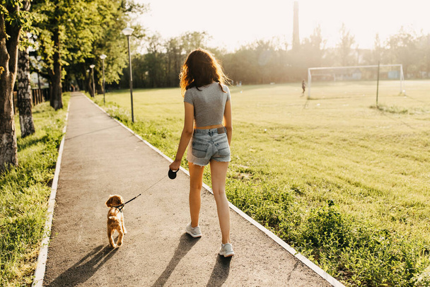 bella giovane donna con il suo cocker spaniel cucciolo trascorrere del tempo insieme nel parco - Foto, immagini