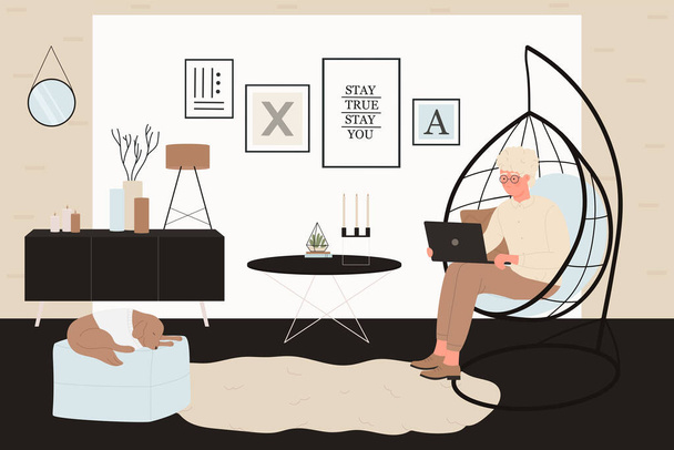 Young man working at home apartment interior, sitting in armchair with laptop - Vector, imagen
