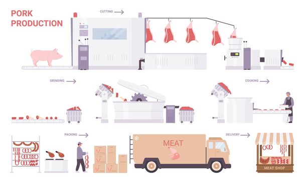 Етапи виробництва м'яса свинини, заводська лінія переробки з промисловим обладнанням
 - Вектор, зображення