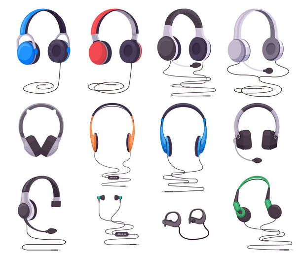 Ακουστικά και ακουστικά. Μουσική ή gaming ενσύρματο εξοπλισμό ήχου, ακουστικά στερεοφωνικό ψηφιακό gadget. Σύνολο διανυσματικών απεικονίσεων εξοπλισμού ακουστικών - Διάνυσμα, εικόνα