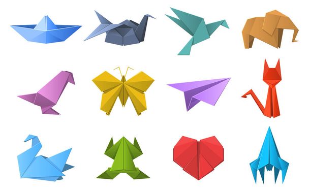 Origami-Formen aus Papier. Origami polygonale Papierfaltung, Tauben, Tiere, Flugzeug- und Schiffsfiguren. Orientalisches Origami-Hobby-Vektorillustrationsset - Vektor, Bild