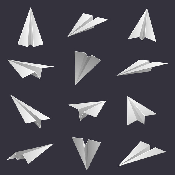 Papieren vliegtuigen. Handgemaakte origami vliegtuig figuren, papier vouwen hobby. Polygonaal papier vormen geïsoleerde vector illustratie set - Vector, afbeelding