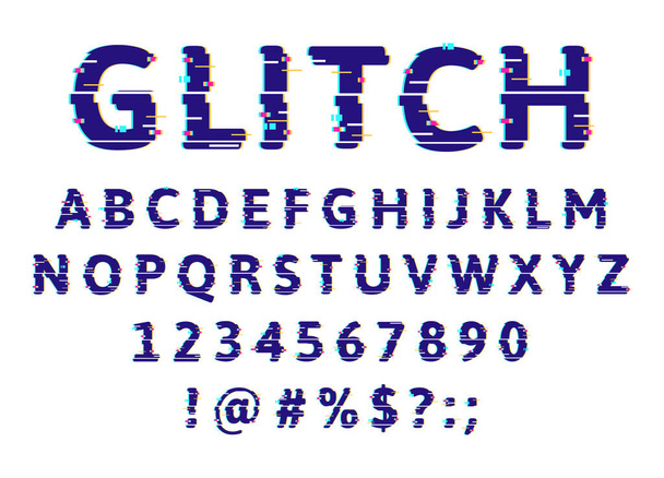 Glitch schade alfabet. Fout pixel geluid abs lettertype, technische glitch problemen letters en cijfers. Beschadigd effect lettertype vector illustratie set - Vector, afbeelding