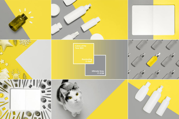 Collage demonstrating color of the year 2021 with frame and text. Trendy colors - Illuminating Yellow and Ultimate Grey - Photo, Image