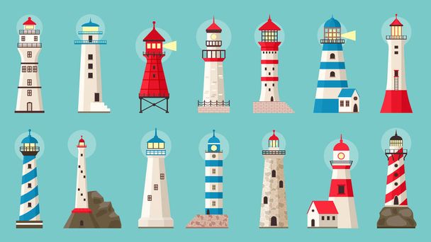 ビーコンビル。サーチライト付き灯台、海洋ナビゲーション海岸線の塔。サーチライトアーキテクチャタワーベクトルイラストセット - ベクター画像