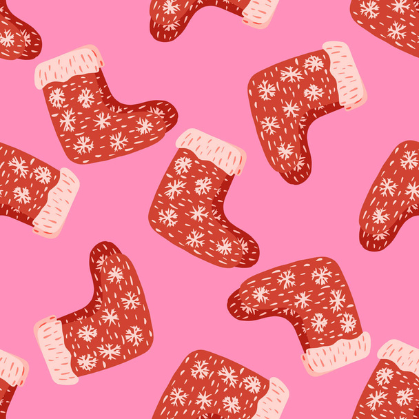 Bright xmas seamless doodle pattern with ornamental red winter shoes elements. Pink background. Stock illustration. Vector design for textile, fabric, giftwrap, wallpapers. - Vector, Image
