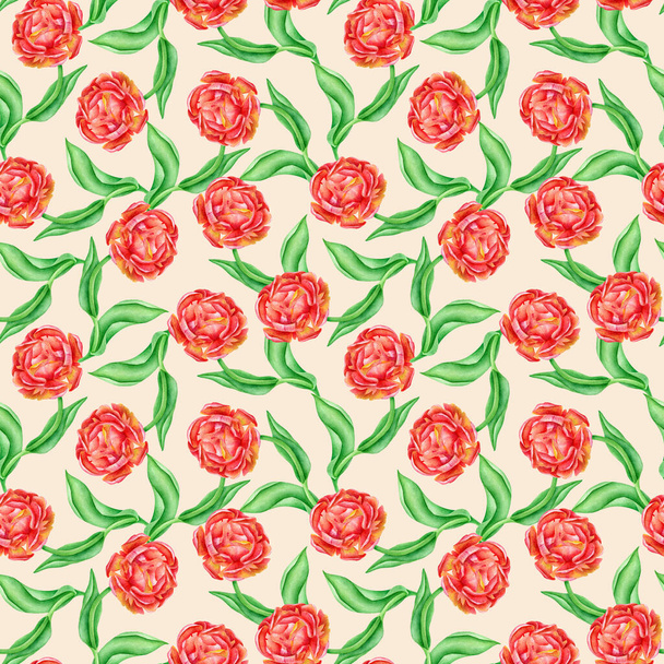 赤いバラと葉を持つ水彩シームレスパターン。流行のベージュ地に手描きの花。織物、織物、壁紙、包装、スクラップブッキング、カードのための花のテクスチャ. - 写真・画像