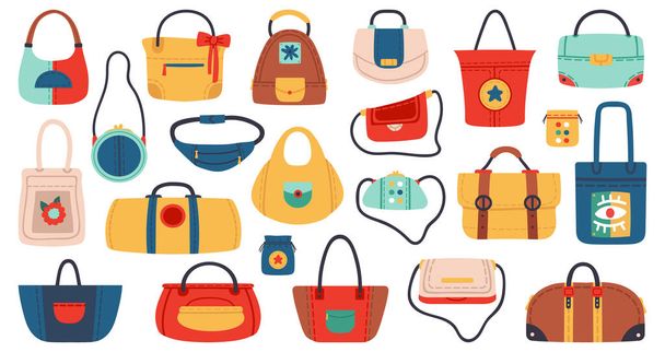 Womens handbags. Fashionable ladies accessories, shopper, tote, belt bag and clutch. Fashion leather and textile bags vector illustration set - Vector, Image