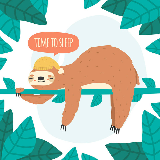 Słodki śpiący leniwiec. Leniwy leniwiec wiszący na drzewie, zabawna tropikalna ilustracja wektora zwierząt tropikalnych. Ręcznie rysowane urocze powiesić lenistwo - Wektor, obraz
