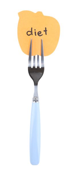 Note paper with message  attached to fork, isolated on white  - Fotoğraf, Görsel