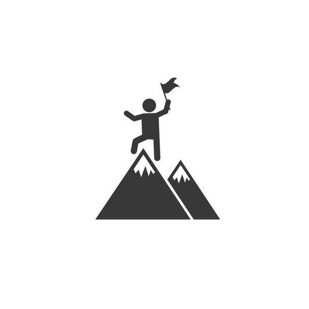 Επιχειρηματίας στέκεται στην κορυφή του βουνού κρατώντας μια σημαία, Επιχειρηματική έννοια της νίκης και της επιτυχίας - Διάνυσμα, εικόνα