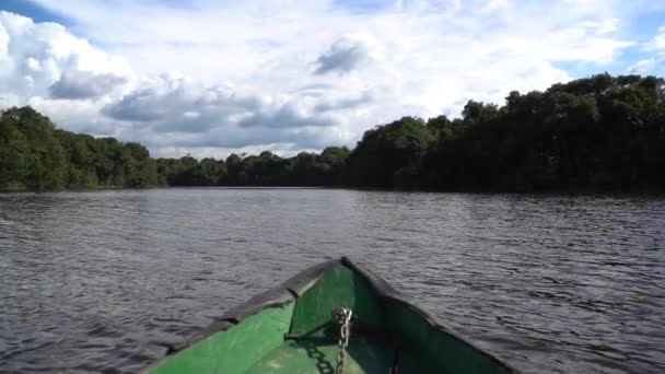 Cinematic Slow Motion of Small Boat Sailing Into Amazon River Lagoon POV, Brazilië - Video