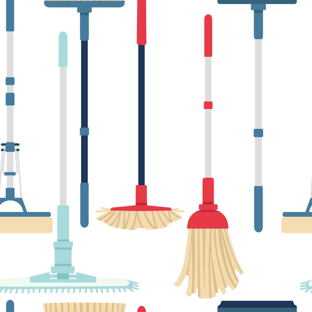 Płynny wzór czyszczenia nowoczesnych mopów plastikowych domowych musi mieć narzędzia płaski wektor ilustracji na białym tle - Wektor, obraz