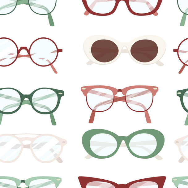 Seamless pattern of different modern eye glasses flat vector illustration on white background. - Vector, Image
