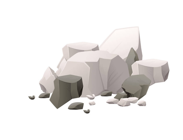 Группа серых камней и скал различных размеров и форм плоские векторные иллюстрации изолированы на белом фоне мультфильма стиль элемента дизайна для игр. - Вектор,изображение