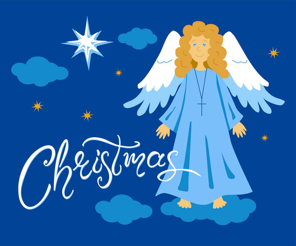 Anioł i Gwiazda Bożego Narodzenia na nocnym niebie - Wektor, obraz