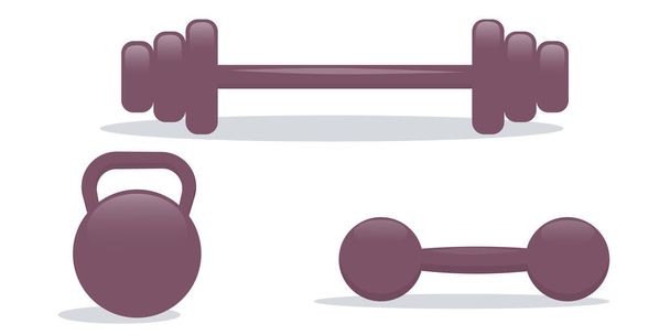 The sports kit is isolated on a white background. Metal kettlebell, barbell and dumbbells for sports and body swing. Vector illustration. - Vector, Image