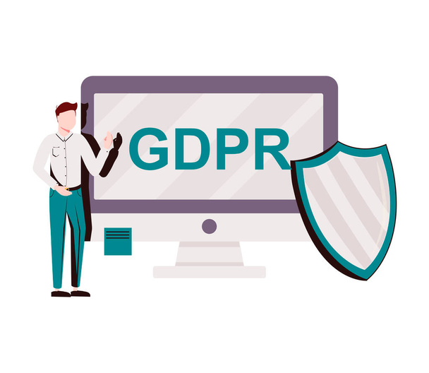 Positive cartoon character with a shield in front of pc monitor with GDPR caption. GDPR compliance. Personal data - Vector, Imagen