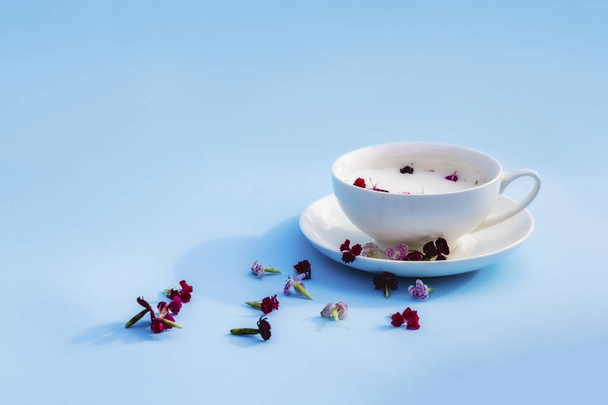 White Cup with vegan milk and flowers on a blue background. Concept of vegetarian drinks and food, herbal teas, beauty and health, Spa. - Photo, image