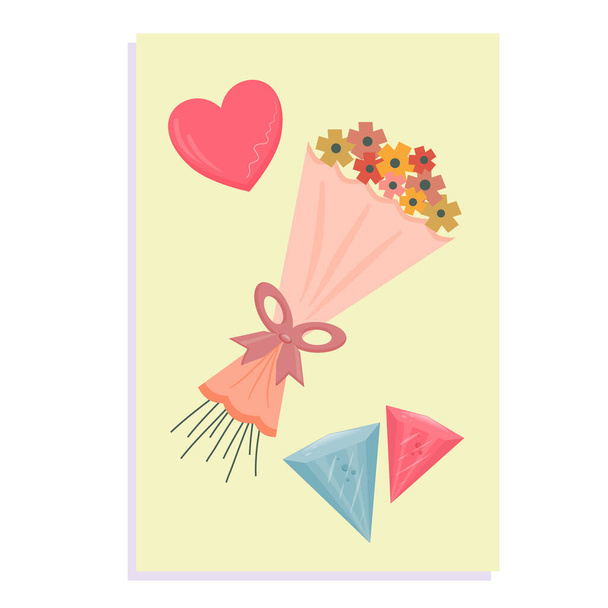 Valentinstag Karte isoliert auf weißem Hintergrund. ein Blumenstrauß und ein Herz mit Kristallen. Vektorillustration. - Vektor, Bild