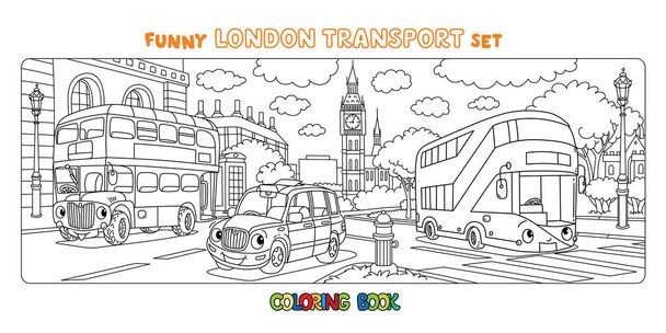 面白いロンドン交通機関セット。子供のためのぬり絵 - ベクター画像