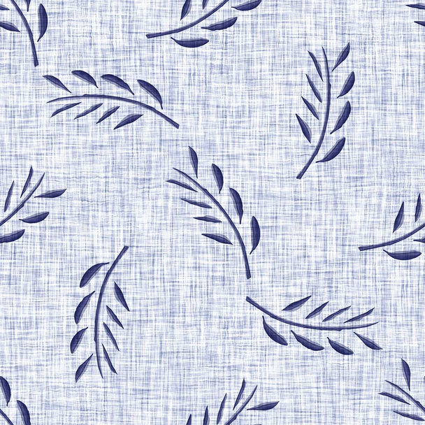 Indigo azul hoja bloque impresión teñido de lino textura de fondo. Muestra de patrón batik repetición japonesa tejida sin costura. Floral deja impresión de bloque de desenfoque afligido orgánico. Paño decorativo por todo el textil. - Foto, Imagen