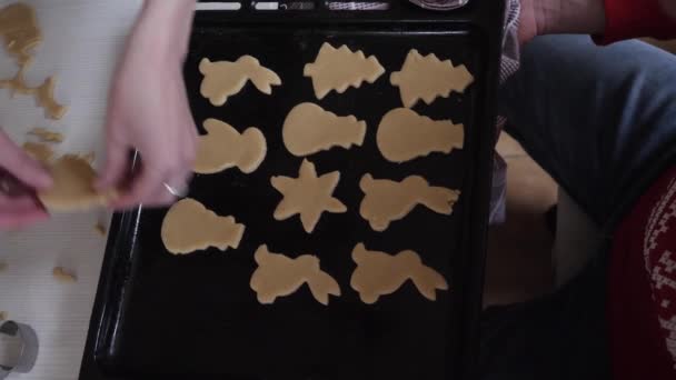 A woman puts Christmas cookies on a baking sheet. - Footage, Video