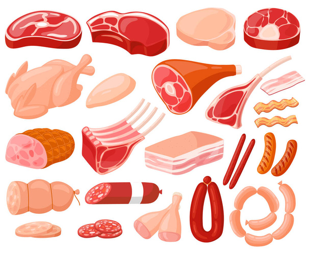 Vleesproducten. Cartoon slagerij voedsel, kip, rundvlees biefstuk, varkensvlees, prime rib, spek plak en worsten. Vers vlees voedsel vector illustraties - Vector, afbeelding