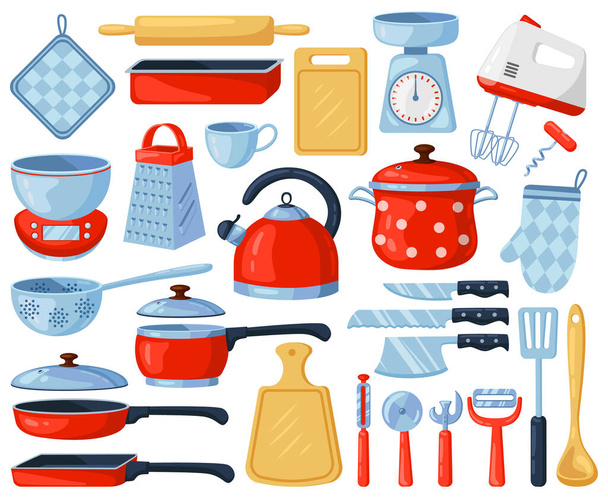 Jantares de cozinha. Utensílios de cozinha e louça, ferramentas, talheres, ralador, misturador e tábua de corte. Conjunto de ilustração de vetor de aparelho de cozinha - Vetor, Imagem