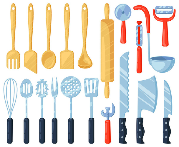 Konyhai eszközök. Konyhai eszközök evőeszközök, kések, villák, spatulák és kanalak. Főzőasztali berendezések illusztrációs készlete - Vektor, kép