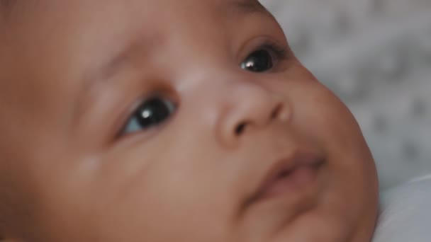 Glückliches neugeborenes Baby mit dunkler Haut aus nächster Nähe. Verwirrtes Baby blickt in die Kamera - Filmmaterial, Video