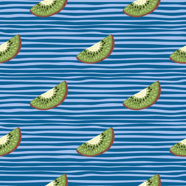 Patrón minimalista decorativo sin costuras con adorno de rodaja de kiwi verde. Fondo rayado azul. Diseñado para el diseño de la tela, impresión textil, envoltura, cubierta. Ilustración vectorial. - Vector, imagen