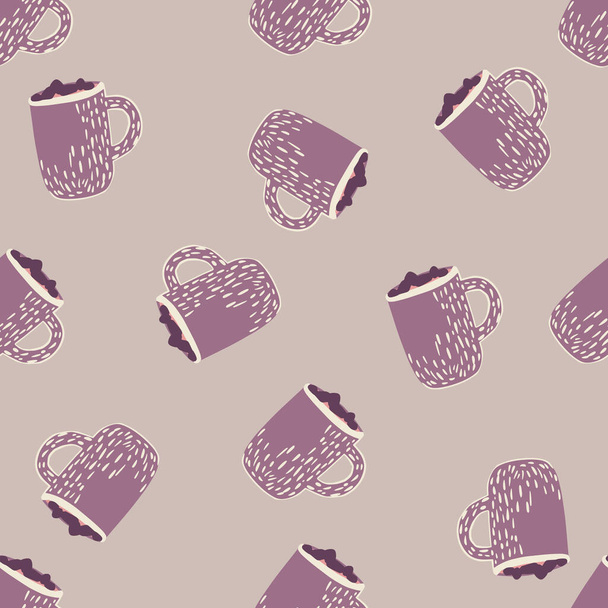 Abstract seamless doodle pattern with purple cocoa cup ornament. Pastel background. Holiday backdrop. Great for fabric design, textile print, wrapping, cover. Vector illustration - Vektori, kuva