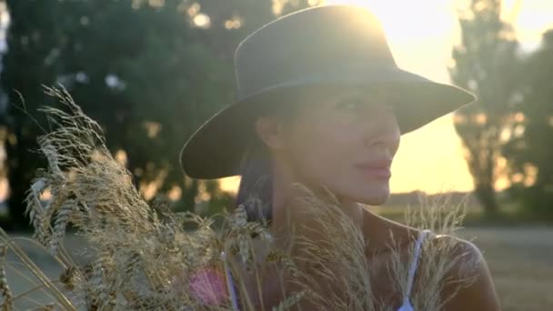 happy girl in autumn field with spikelets landscape . girl portrait, summer look - Footage, Video