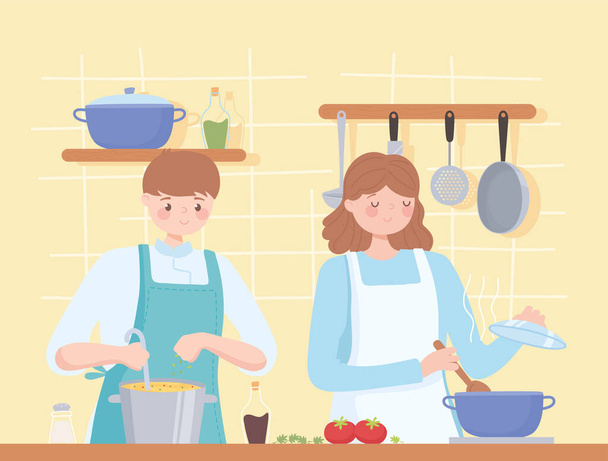 kobieta i mężczyzna szef kuchni w przygotowaniu wspólnej kolacji - Wektor, obraz
