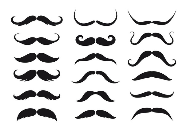 Mustaches style isolated vector black silhouettes. Barbershop or barber fashion retro and modern long and short classic and hipster or lumberjack man mustache types, monochrome vintage whisker set - Vector, Image