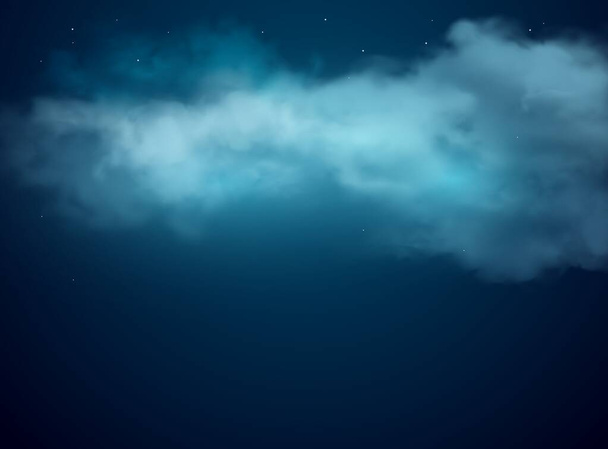 Νυχτερινό ουρανό διάνυσμα φόντο με ρεαλιστικά αστέρια και σύννεφα. 3d σχεδιασμό της φαντασίας σκούρο μπλε του ουρανού, συννεφιά ουρανό με μεσάνυχτα κρύο αέρα, έναστρο αστερισμούς και λαμπερό φως - Διάνυσμα, εικόνα