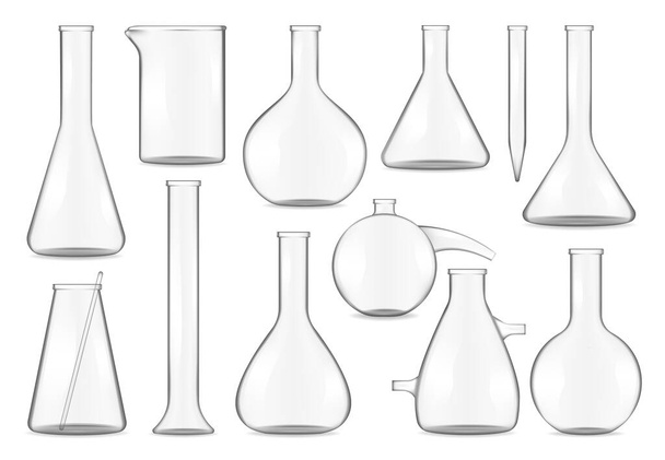 Скляні пробірки, хімічні колби та бутерброди реалістичні ізольовані 3d векторний макет. Прозорий порожній скляний посуд різної форми для хімічних або медичних лабораторних експериментів, шаблон пробірки
 - Вектор, зображення