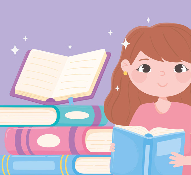 Mädchen hält offenes Buch, stapelt Lehrbücher Cartoon-Vektor-Illustration - Vektor, Bild