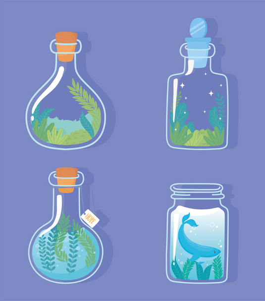 üveg terrárium bálna egyszarvú és nyúl növények lombozat természet dekoráció és parafa - Vektor, kép