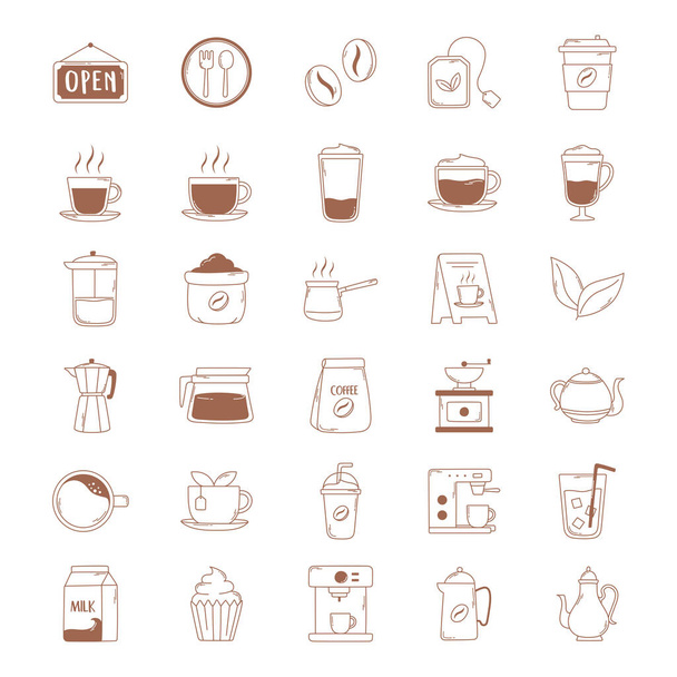 Kaffee-Symbole Tasse Wasserkocher Teekanne Bohnen-Maschine in brauner Linie - Vektor, Bild
